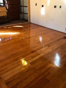Shiny, finished hardwood floor reflecting sunlight. The floorboards are a warm, light brown.