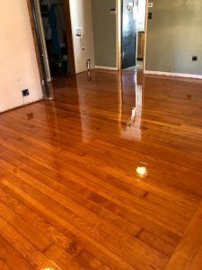 Shiny, newly-refinished wooden floor reflecting light, in a room with light green and beige walls.