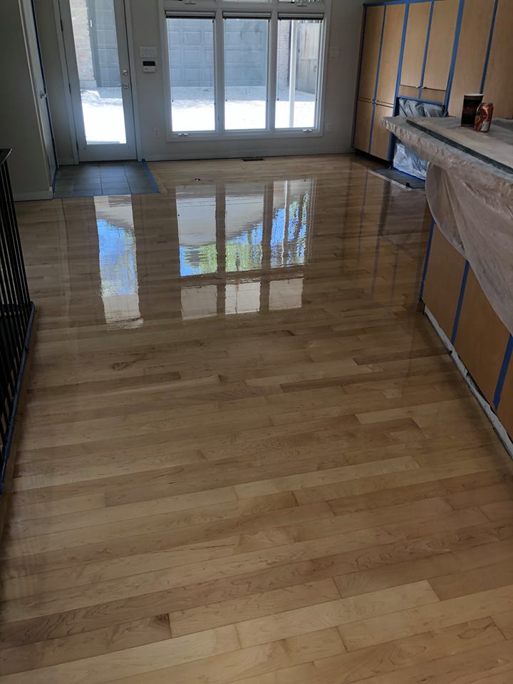 Shiny wooden floor reflecting light from windows and doors.