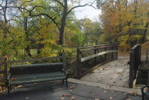 Bench beside a wooden bridge over a small stream in a park; trees with fall foliage.